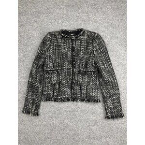 Philippe‎ Adec Blazer Womens 6 Black Tweed Boucle Collarless Fringe Jacket